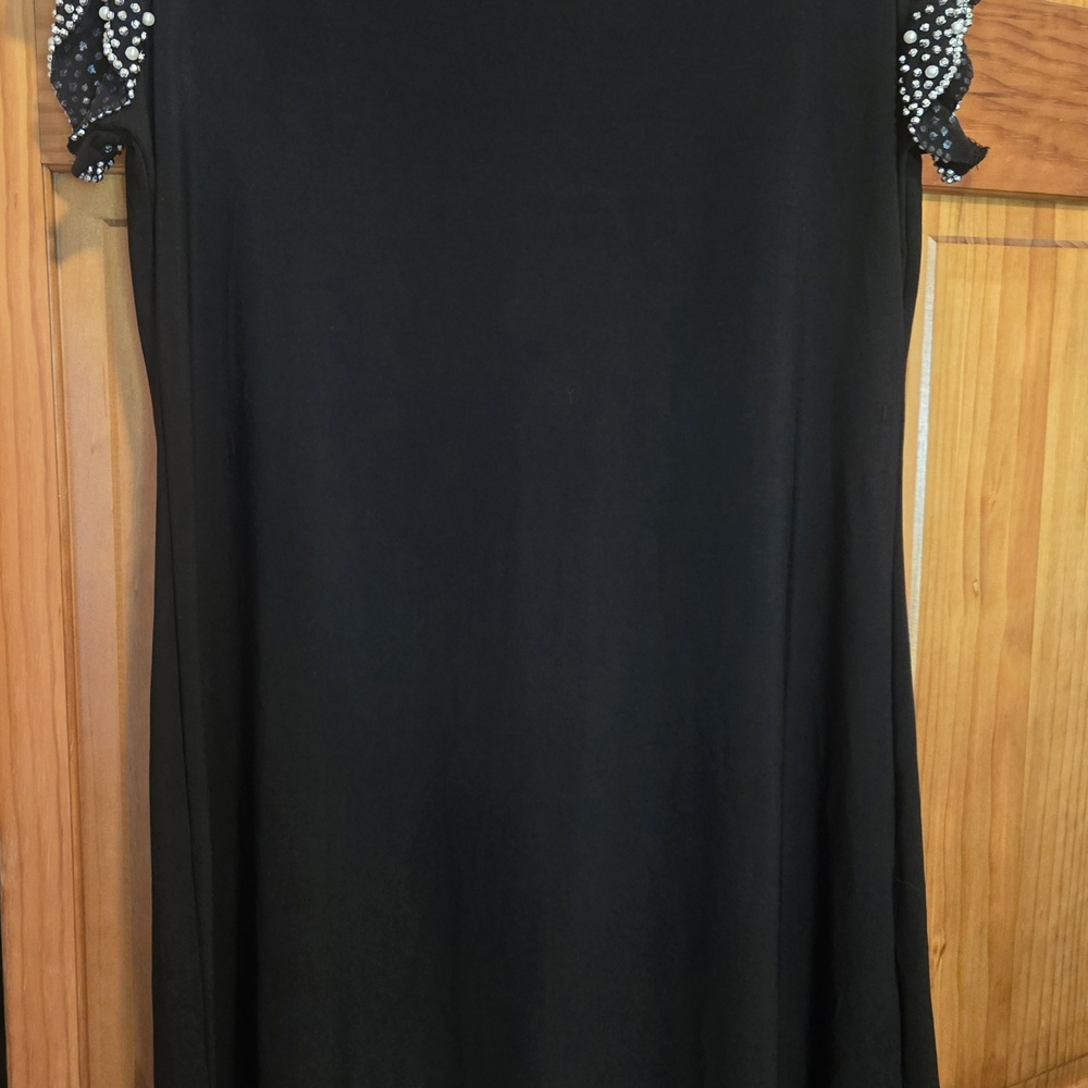 Elegant Black Dress with Pearl Embellished Sleeves